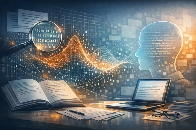 Abstract editorial illustration of an invisible statistical watermark embedded in AI-generated text from Claude