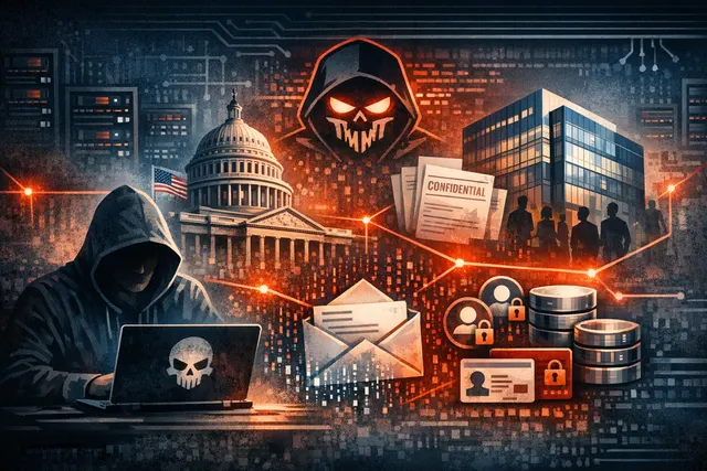 Abstract digital illustration representing a cyber breach on Oracle PeopleSoft servers