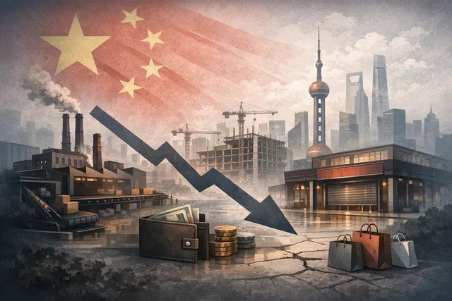 Illustration of China’s economic slowdown, weak domestic demand and AI-driven manufacturing exports