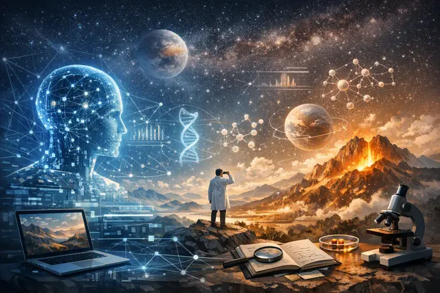 Abstract illustration of an AI system navigating a scientific discovery environment with connected tools, evidence, and feedback loops