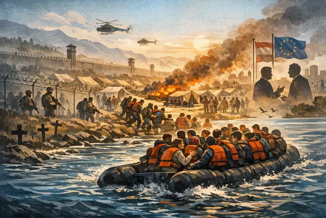 Editorial depiction of the 2026 Ceuta migrant surge from Morocco into Spain's North African enclave