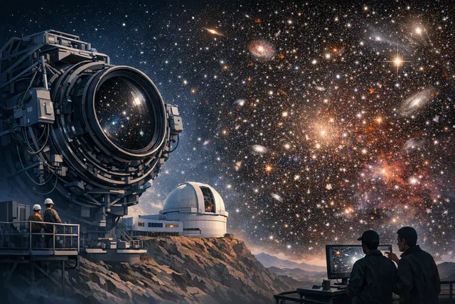 A deep-field composite image from the Vera C. Rubin Observatory showing hundreds of thousands of galaxies and foreground stars in the COSMOS field.