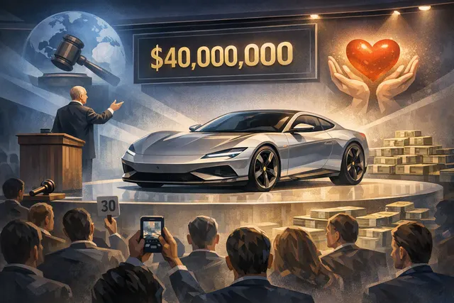 AI-generated editorial hero image of the Ferrari Luce Tailor Made at auction