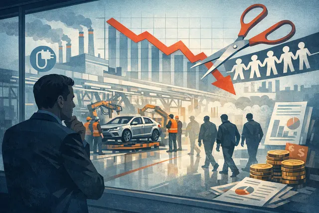 Illustration of Volkswagen CEO Oliver Blume facing a factory restructuring and potential job cuts