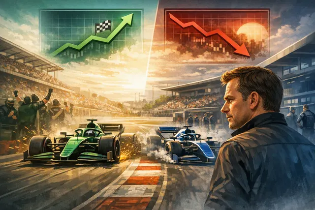 Side-by-side comparison of an Aston Martin F1 car in the pit lane and a Williams F1 car on track, representing their contrasting 2026 seasons.