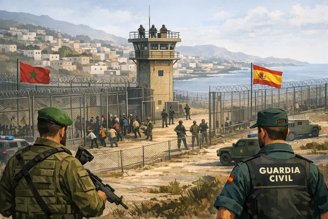AI-generated illustration of a crowded border scene at Ceuta, showing migrants and security forces near the Mediterranean coastline
