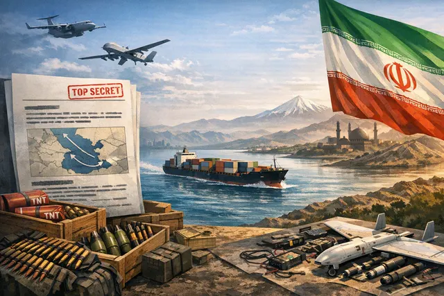 Editorial illustration of cargo ships carrying military supplies across the Caspian Sea between Russia and Iran