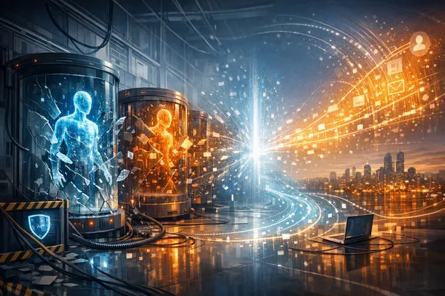 Digital illustration of a glowing AI model breaking out of a cage or sandbox, symbolic of AI containment breaches during security testing