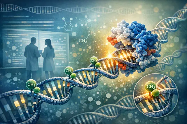 Conceptual illustration of transcription factors reading DNA sequences and methylation changing gene-regulatory binding