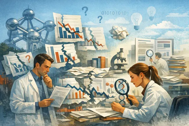 Abstract illustration of scientific research papers and data charts, with a magnifying glass highlighting errors in a line graph showing a decline that may be an artifact