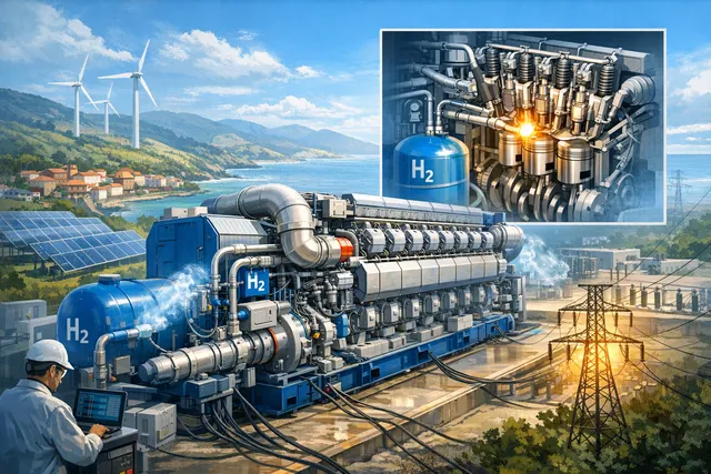 Industrial rendering of a Wärtsilä 31H2 hydrogen engine installed in a power plant facility.