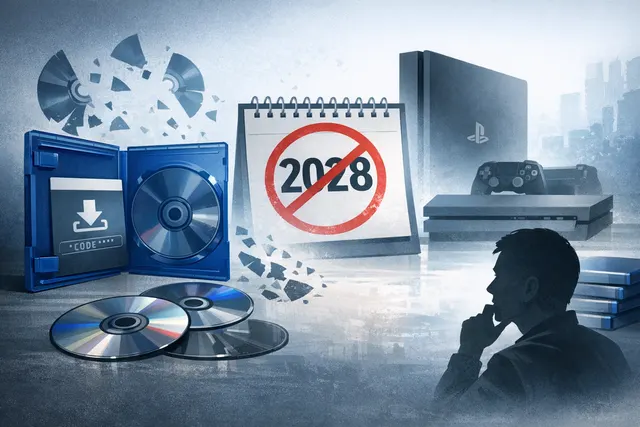 A PlayStation disc breaking apart as a symbol of Sony's decision to end physical game disc production by 2028, with protest signs and petition icons in the background.
