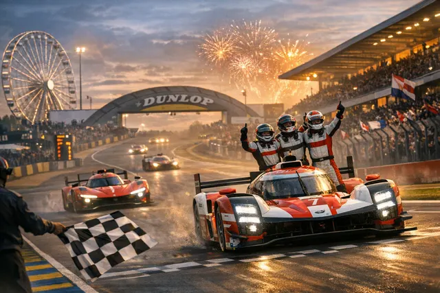 Artistic depiction of a Toyota TR010 Hybrid and a BMW M Hybrid V8 racing through a corner at the 2026 Le Mans, illustrating their tight battle for the win.