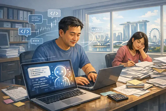 Illustration of a parent using AI coding tools to build a baby-tracking web app