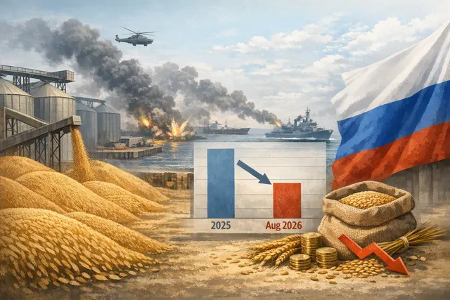 A cargo ship with grain silos in the background, symbolizing disrupted Black Sea grain trade from Russia and Ukraine