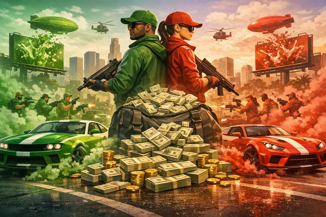 GTA Online Brand Wars Event promotional art featuring the Declasse Hotring Sabre with Sprunk and eCola branding on a racetrack