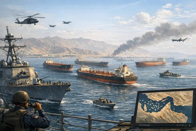 Tanker ship at sea near the Strait of Hormuz, with a hazy horizon and sky, representing the ongoing crisis and blockade.
