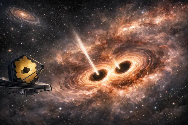 Two bright, glowing points of light in a dark region of space, representing a pair of supermassive black holes feeding on surrounding gas and dust, as observed by the James Webb Sp