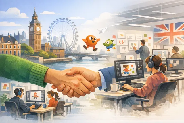 A creative digital illustration representing Duolingo's acquisition of the London animation studio Animade, featuring Duolingo's cartoon owl mascot and motion design elements.