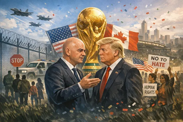 FIFA President Gianni Infantino standing beside a stylized image of a World Cup controversy, symbolizing political tensions ahead of the 2026 tournament.