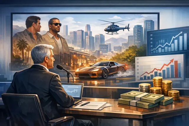 Take-Two Interactive CEO Strauss Zelnick on stage with GTA 6 branding in the background, representing the Q1 2027 earnings call and GTA 6 pre-order announcements.