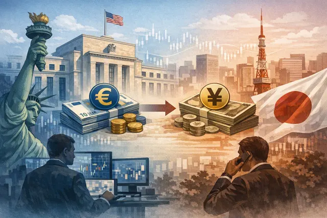 Conceptual image of currency trading desks and central bank flags representing the US selling euros to buy yen in 2026 intervention