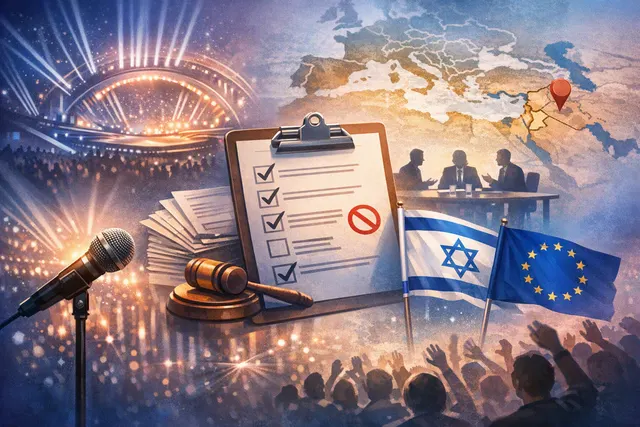 Eurovision stage with flags and spotlights, representing the 2026 rule change barring countries in armed conflict from hosting
