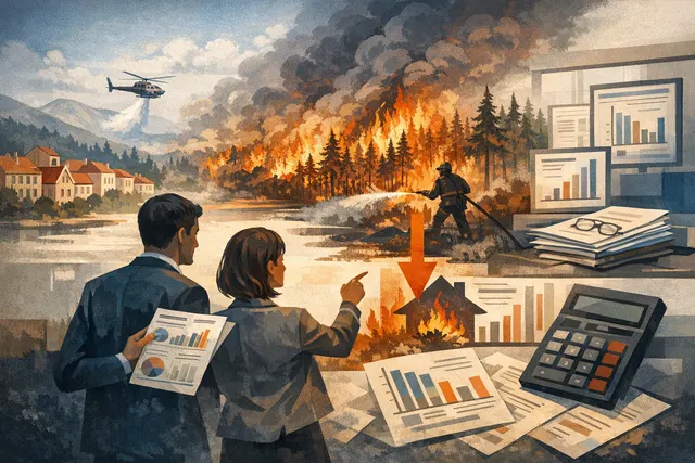 Wildfire smoke billowing over a forested landscape, representing the historic July 2026 wildfires in France and Spain that triggered Moody's and Swiss Re to warn of a fundamental r