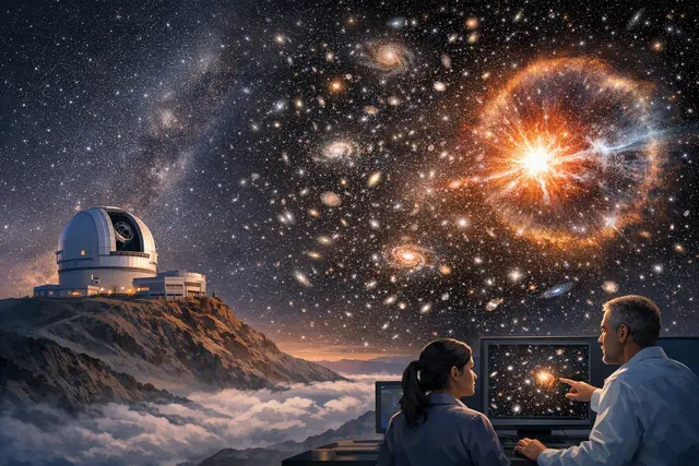 AI-generated visualization representing the Vera C. Rubin Observatory's deep-field image of the COSMOS field with hundreds of thousands of galaxies