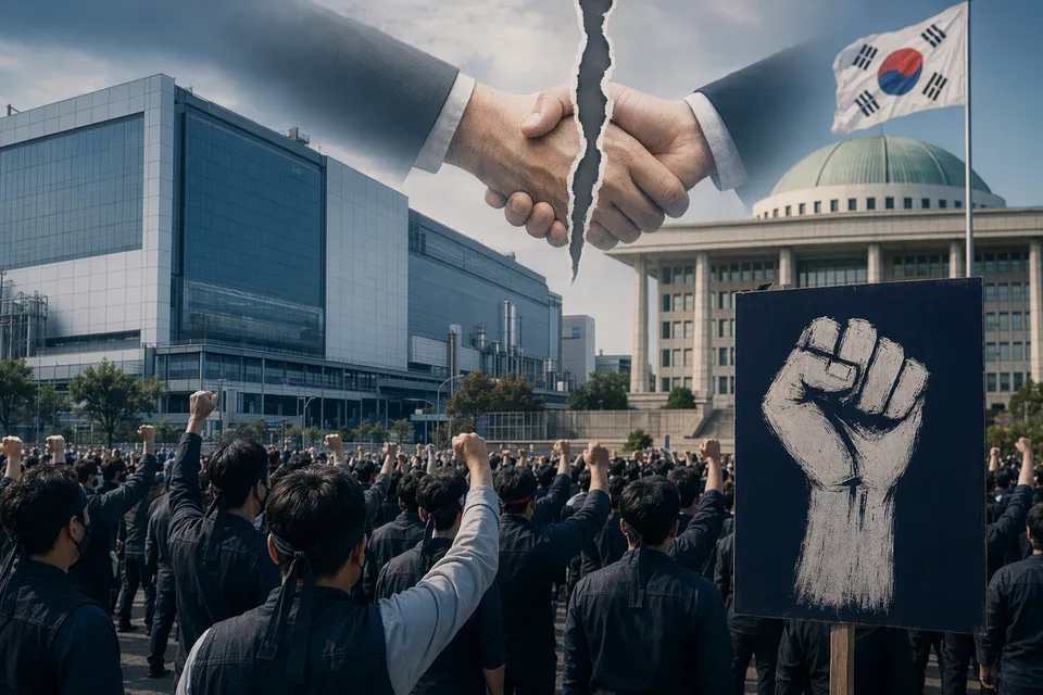 Illustration representing Samsung Electronics workers strike and semiconductor production disruption