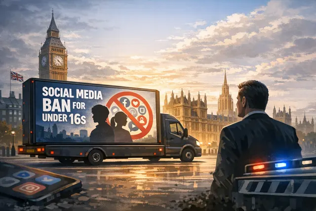 Conceptual image of a UK social media ban for under-16s, showing a smartphone locked with a stop sign for children's safety