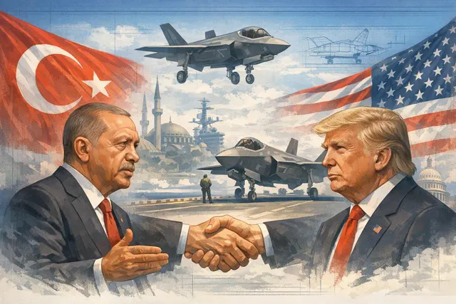 Illustration of Recep Tayyip Erdoğan and Donald Trump amid debate over Turkey’s return to the F-35 program