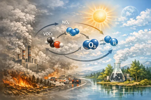Conceptual illustration of indirect greenhouse gases such as carbon monoxide, nitrogen oxides, and volatile organic compounds rising from industrial and urban sources into the atmo