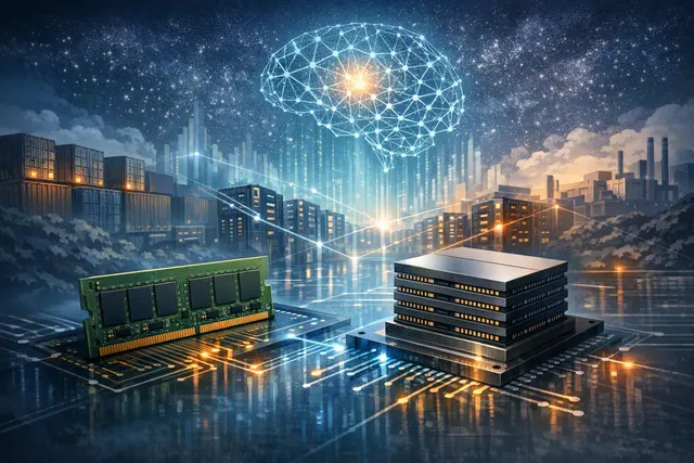 Illustration of AI data centers and memory chips representing Nvidia’s long-term DRAM and HBM supply agreements