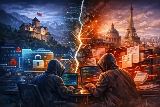 Digital illustration of a glowing European map with hacked nodes over Liechtenstein and France, representing state financial data breaches