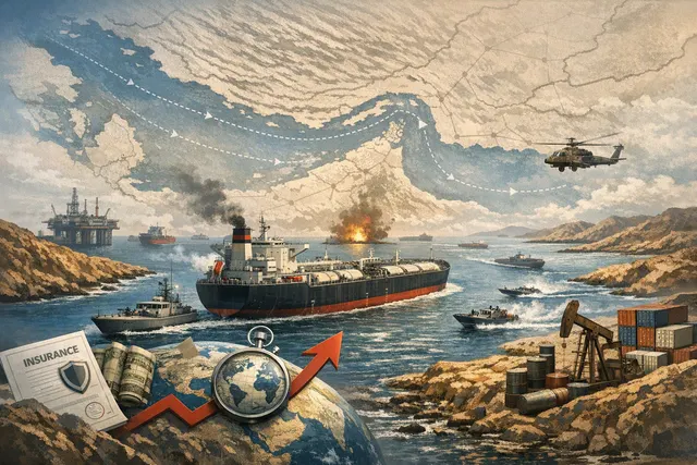 Editorial illustration of tanker ships and global trade routes disrupted around the Strait of Hormuz