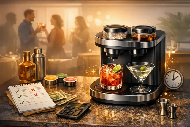 Bartesian Duet cocktail maker on a kitchen counter with two spirit bottles and a finished cocktail