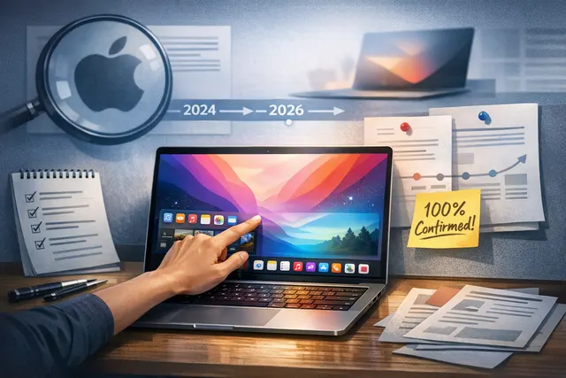 A conceptual rendering of a next-generation MacBook with an OLED touchscreen display and minimalist design, set against a dark gradient background.