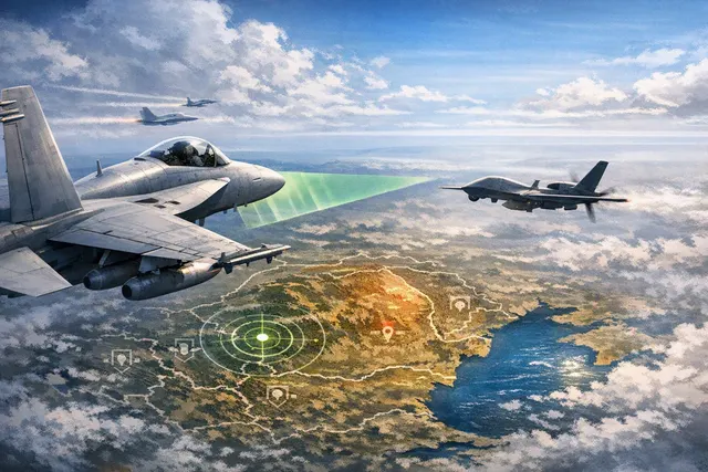 AI-generated editorial image of a Spanish F-18 fighter jet on NATO air policing patrol over Romania, with a drone silhouette in the distance, representing the August 16, 2026 inter