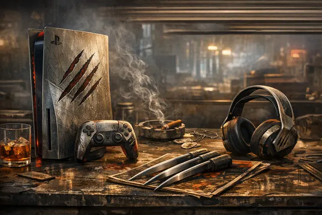 Marvel's Wolverine limited-edition PS5 console in Battle Yellow finish with claw-mark slashes and hand-drawn ink artwork by comic artist Jock.