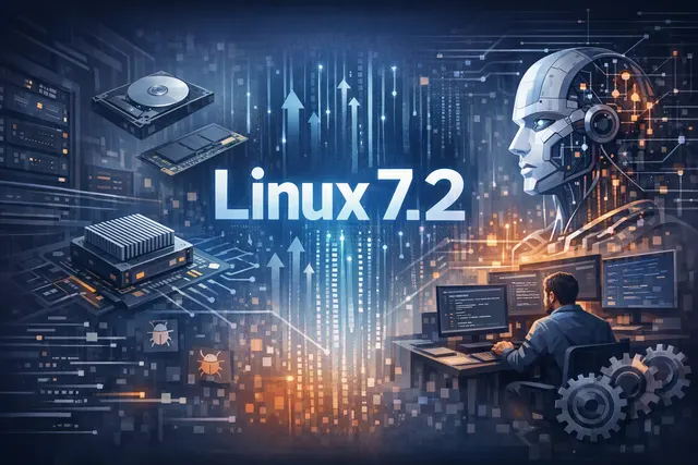 Illustration of the Linux 7.2 kernel with CPU cache scheduling, filesystem performance, and hardware support themes