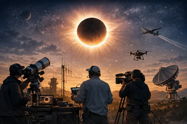 AI-generated illustration of a total solar eclipse with the Sun's corona visible, representing the August 12, 2026 total solar eclipse over Europe