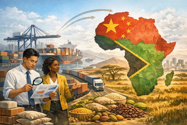 Illustration of China-Africa trade links, shipping, and duty-free commerce