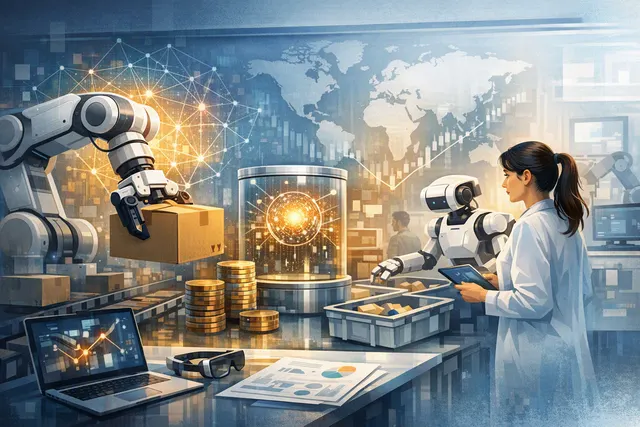 AI-generated concept of a warehouse robot arm and its digital brain, representing Sereact's physical AI platform for automated returns processing.