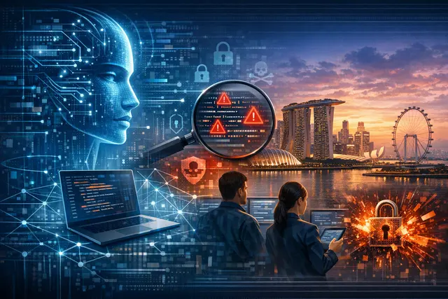 Editorial illustration of an AI system scanning software vulnerabilities against a Singapore skyline