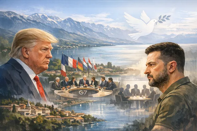 G7 leader discussions at a summit table in Évian-les-Bains, looking at documents, with Lake Geneva visible through windows in the background