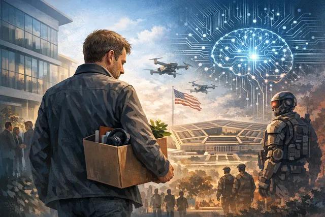 Abstract representation of Google's ethical conflict, showing a corporate logo breaking apart into digital pieces against a dark, military-themed background.