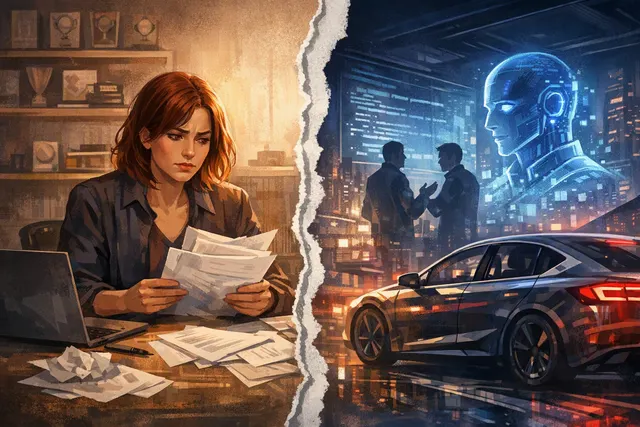 An abstract digital illustration showing a human figure and a robot silhouette in a tug-of-war over a game controller, set against a backdrop of code and Steam logos.