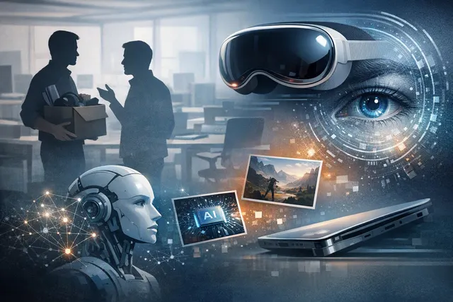 Editorial illustration of Apple Vision Pro shifting toward AI and smart glasses amid reported layoffs