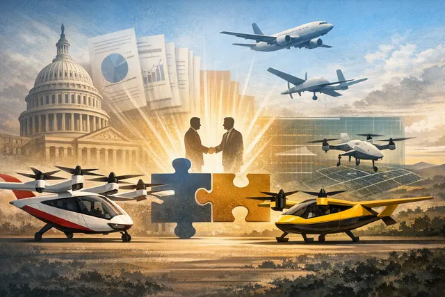 AI-generated illustration of an Archer Aviation eVTOL aircraft in flight above an urban skyline, representing the company's Midnight aircraft and its expansion into autonomous aero